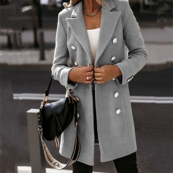

autumn winter long-sleeved turn down collar double-breasted woolen coat women fashion solid color black white women cloth 201216