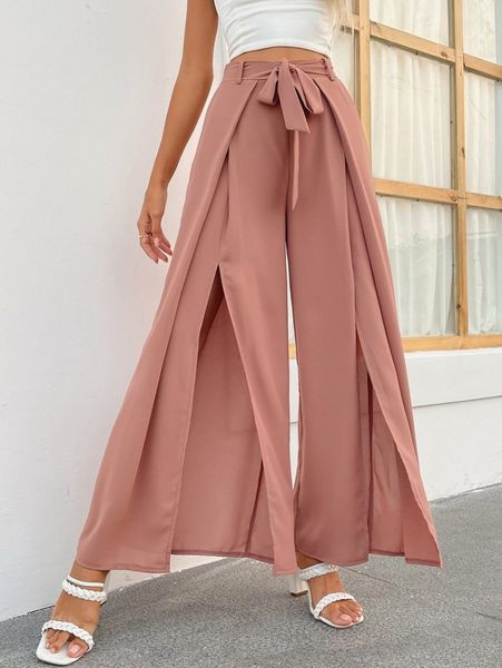 

self belted split thigh pants t7pq#, Black;white