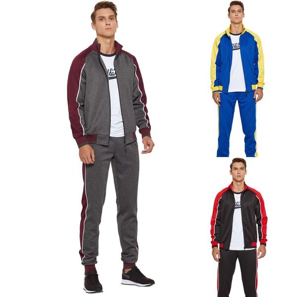 

gym clothing winter fashion men sportswear suit cardigan color contrast tracksuit set long sleeve zipper coat trousers running fitness, White;black