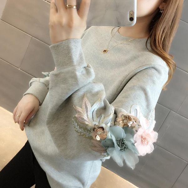 

women's embroidered sweatshirt autumn and winter new women's korean version of loose plus velvet thick coat women's 201030, Black