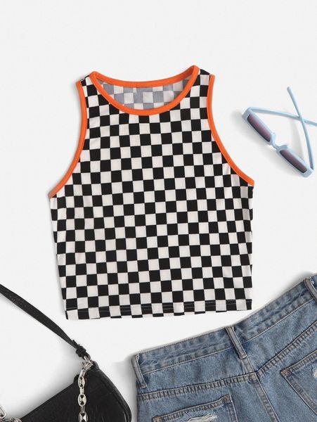 

checkered print ringer tank f8tb#, White