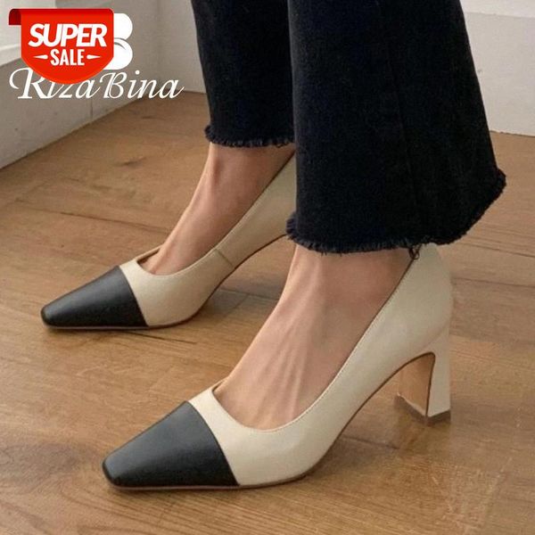 

rizabina new women pumps cow leather mix color women high heel shoes fashion shoes party footwear size 33-40 #m04v