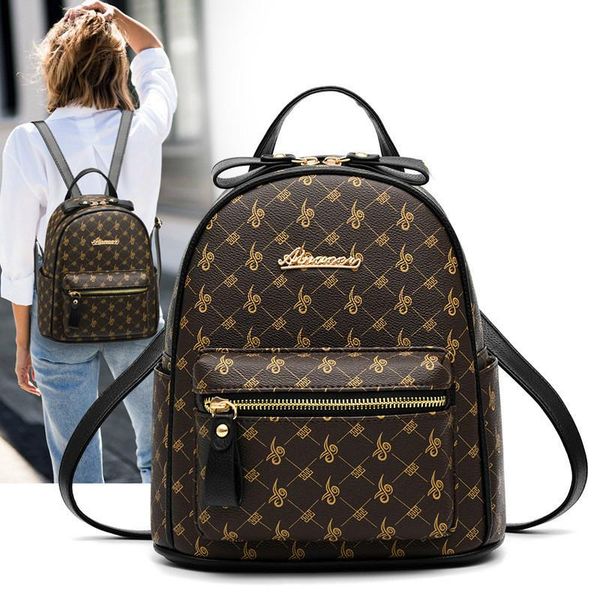 

pu leather mochila vintage printing femme back pack classic mini women backpack brown/beige color