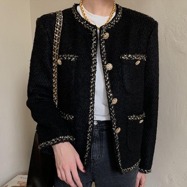 

women jacket fall round neck trim design single breasted loose multi pocket long sleeve woolen coat women clothes, Black;brown