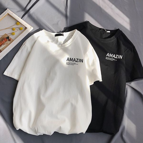 

short sleeve men's korean fashion loose 2020 new t-shirt summer letter bottomed shirt, White;black