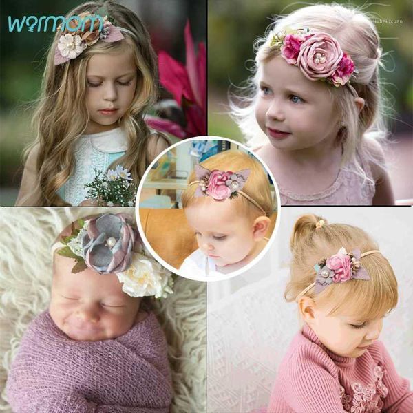 

warmom baby girls fashion flowers headband kids cute princess elastic pearl headwear hair decoration accessories newborn gift1, Slivery;white