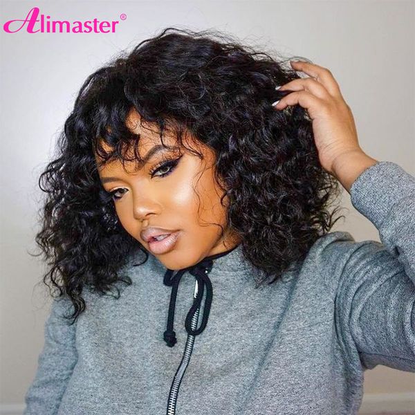 

curly human hair wig with bangs short bob pixie cut wig human hair brazilian full machine made wigs for women deep wave wig, Black
