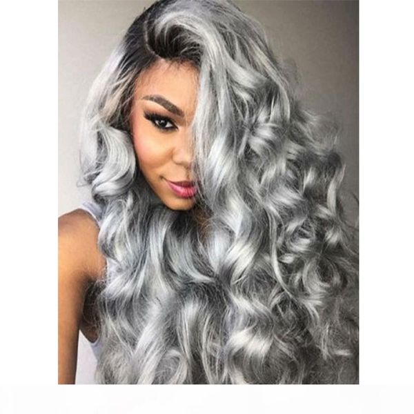 

brazilian ombre grey full lace human hair wigs wavy silver gray glueless front lace wigs 130% density with bleached knots gray wig, Black;brown