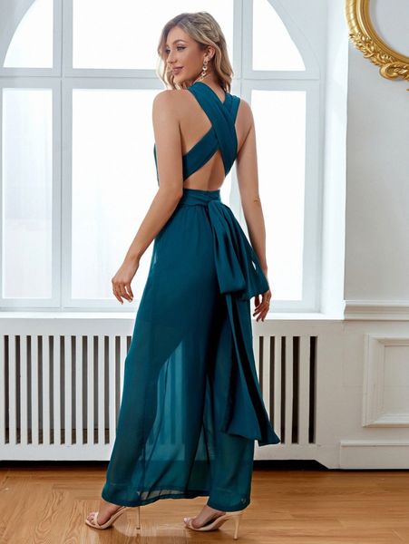 

criss-cross tie backless chiffon halter jumpsuit k3ju#, White