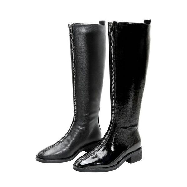 

genuine leather boots party basic shoes woman riding knee high boots woman antumn winter zipper square toe high, Black