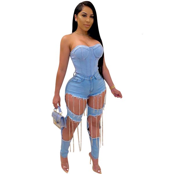 

2021 new arrivals womens jeans chain hollow out hole high waist party jean fashion casual female clothing, Blue