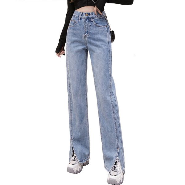 

2021 new waist high cotton jeans spring and autumn fashion straight cylinder share casual korean fork r5u5, Blue
