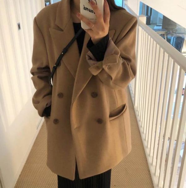 

superaen solid retro casual all match double breasted thickened cotton woolen coat jacket women, Black;brown