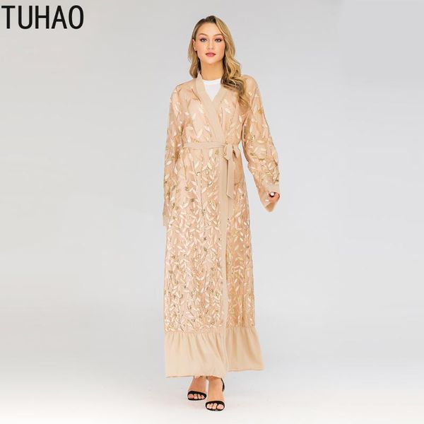 

women's trench coats middle eastern lace cardigan long coat woman sequined leaf embroidery muslim robes windbreaker fashion maxi t1711, Tan;black