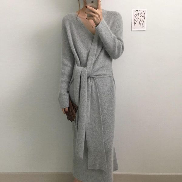 

v-neck knitted dress 2019 new korean belted sweater dress women fashion office lady winter warm thick long sleeve knit sweater1, White;black