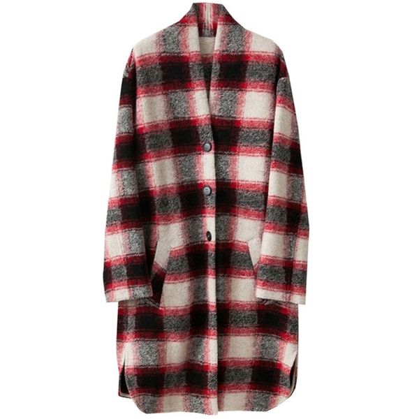 

woman fashion checked wool coat v-eck drop shoulder oversized long coats single breasted with pockets 2020 lj201128, Black