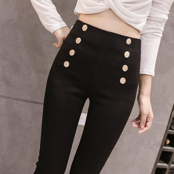 

y pattern pencil pants female spring and autumn magic high-waisted slimming double breasted leggings women1, Black