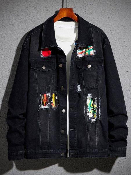 

men ripped patched denim jacket without tee 267a#, Blue