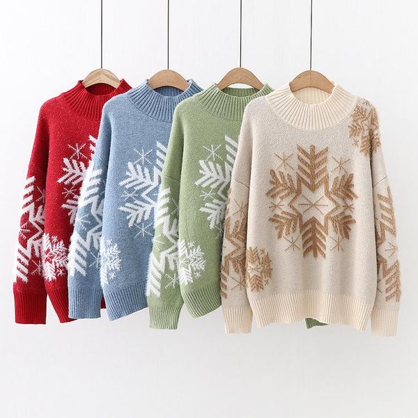 

women's sweaters 2021 autumn and winter pullover o-neck christmas snowflake sweater women half-high collar loose thickening, White;black