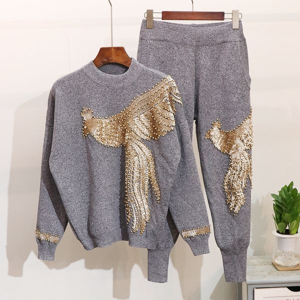 

amolapha women winter handmade beading sequined pattern long sleeve knitted pullover trousers 2pcs clothing sets y200110, White