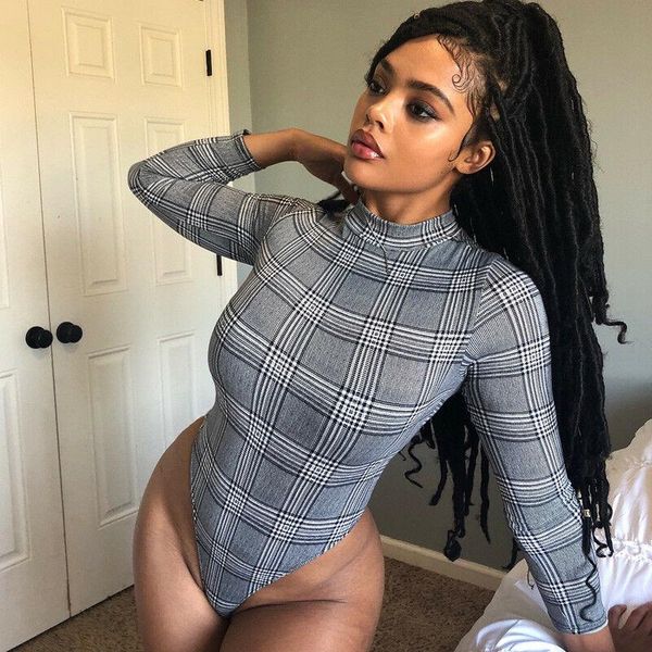 

women long sleeve plaid jumpsuit turtle neck long sleeve romper stretch leotard bodysuit blouse, Black;white