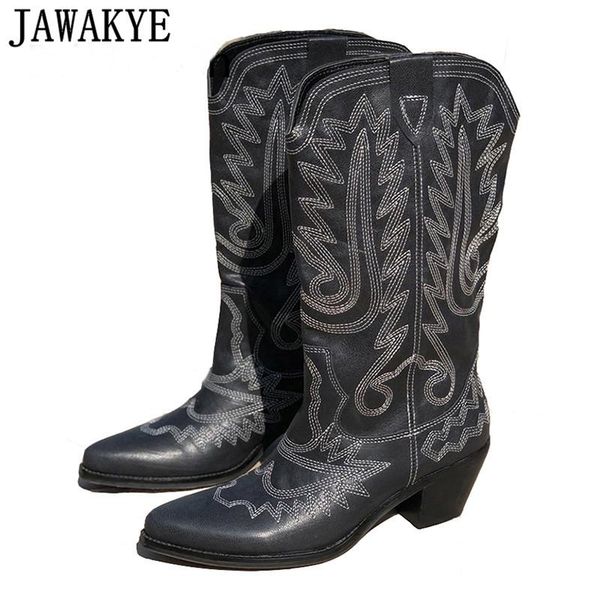 

genuine leather knee high boots women pointed toe embroidery square high heel knight boots ladies fashion ankle female, Black