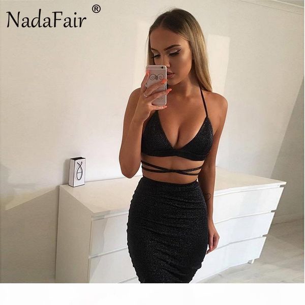 

nadafair две пьесы набор женщин v образным вырезом холтер обуви сексуальный клуб платье summer midi бинты bodycon платье партии золото черны, Black;gray
