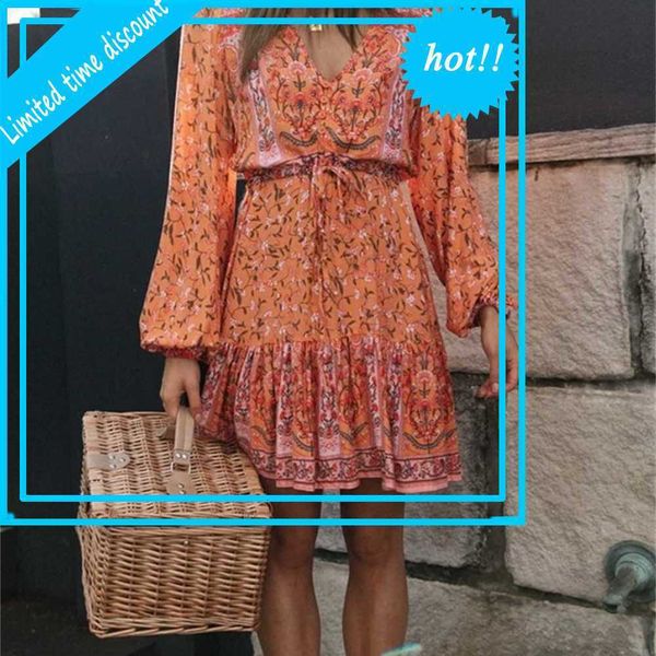 

reclaim boho flower print elegant women lantern long mouwen v-neck loose casual short dress women's femme robe, Black