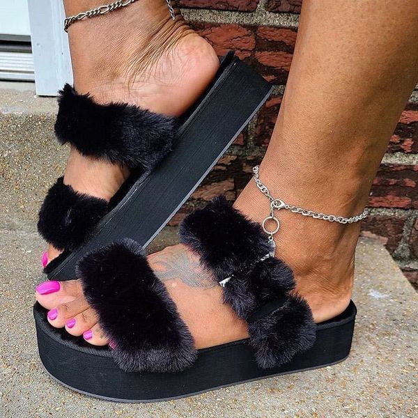

women plush slippers thick soled buckle sandals summer 2020 ladies indoor outdoor platform colorful woman flat shoes plus size x1020, Black