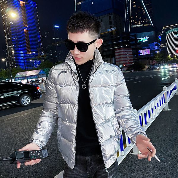 

2020 winter jackets mens coat social lads bright face dark flower standing collar thickened slim short cotton clothes parka men, Black