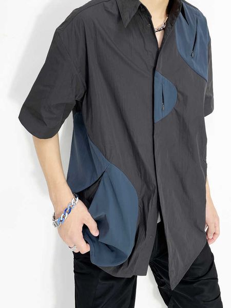 

men's casual shirts [spot]paf4.0 new pioneer function double contrast stitching deconstructs zipper loose short sleeve shirt for men, White;black