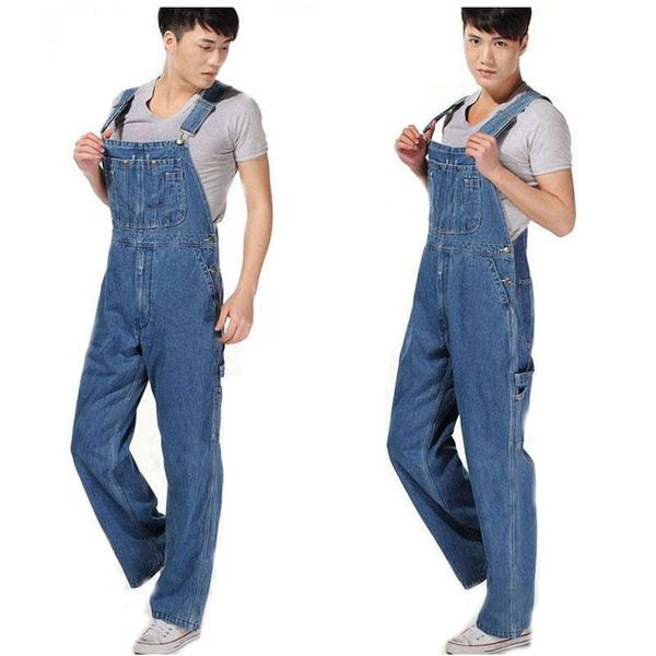

denim jumpsuits overalls men's work cargo jeans pants trendy bib trousers men casual streetwear male clothes rompers plus size, Blue