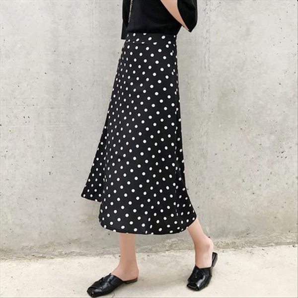 

women summer skirt 2020 korean style streetwear vintage polka dot slim high waist a line chiffon long skirt s 3xl black red