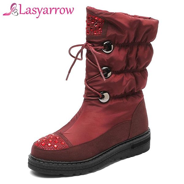 

lasyarrow замша зимние сапоги женщины крест связали теплый снег сапоги женщины водонепроницаемый шерсть платформы вниз дамы пинетки zipper, Black