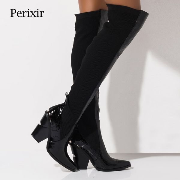 

2020 new winter over the knee high boots women black boots stretch fabrics high heel slip on shoes pointed toe woman long boots t200425