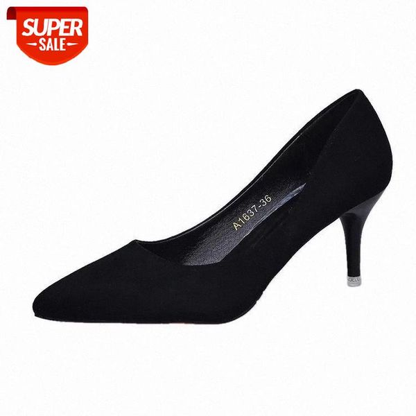 

2019 new suede black high heel stiletto shallow mouth large size pointed professional shoes with wild women's shoes #xf82