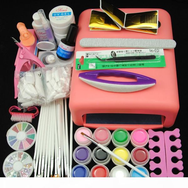 

wholesale- new 36w pink uv lamp nail dryer uv gel cleanser plus buffer block nail glue oil brush false nails tweezer set complete kit