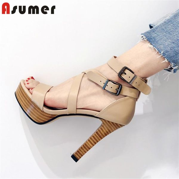 

asumer 2020 genuine leather platform sandals women dress party shoes elegant high heel sandals ladies, Black