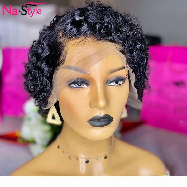 

pixie cut wig human hair water wave bob short human hair wigs bleached knots 13x4 lace front wig with baby hair remy 150%, Black