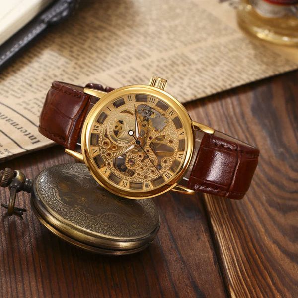 

men's belt watch manual versatile hollow mechanical watch business casual women's fashion watch tkna, Slivery;brown