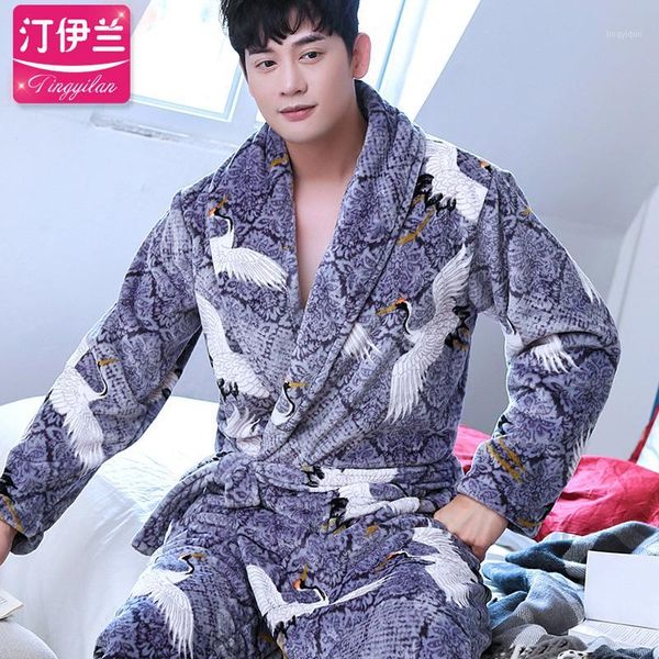 

h5949 man robe male plus thick coral velvet bathrobe large size home clothes autumn winter warm long sleeve flannel nightwear1, Black;brown