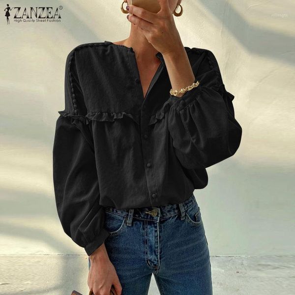 

plus size elegant ruffle shirts women's spring blouse zanzea 2021 spring flounce female button down tunic chemise 5xl1, White