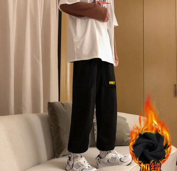 

more 2021 new velvet male sweatpants autumn winter loose curls and thick trousers long in the harbor sandy wind qpa8, Black