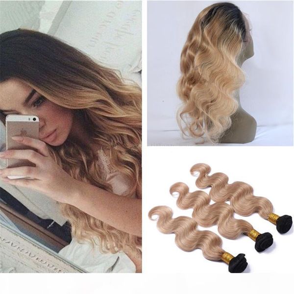 

dark roots ombre 1b 27 brazilian body wave human hair weaves with 360 lace frontal closure honey blonde ombre 360 frontal with bundles, Black;brown
