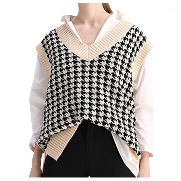 

women's sweaters women knitted vest sweater oversized houndstooth v neck pullover jumper autumn winter loose casual sleeveless #1, White;black