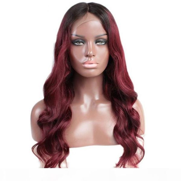 

99j ombre wavy hair virgin peruvian human hair high ponytail lace front wigs dark roots, Black;brown