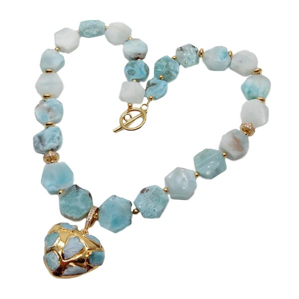 

natural hexagon blue larimar necklace heart shaped larimar gold plated pendant 0927, Silver