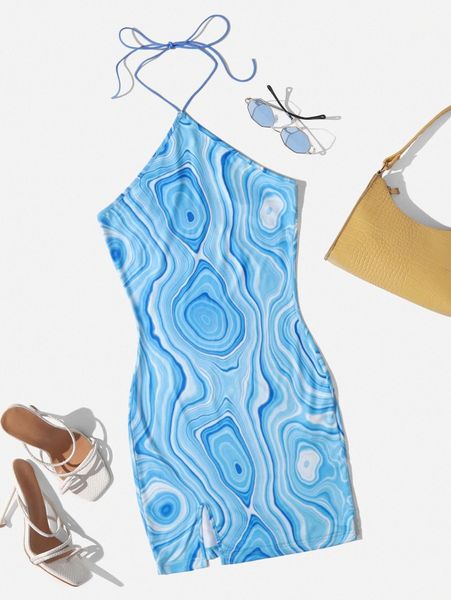 

marble print tie back split hem halter dress q8dz#, Black;gray