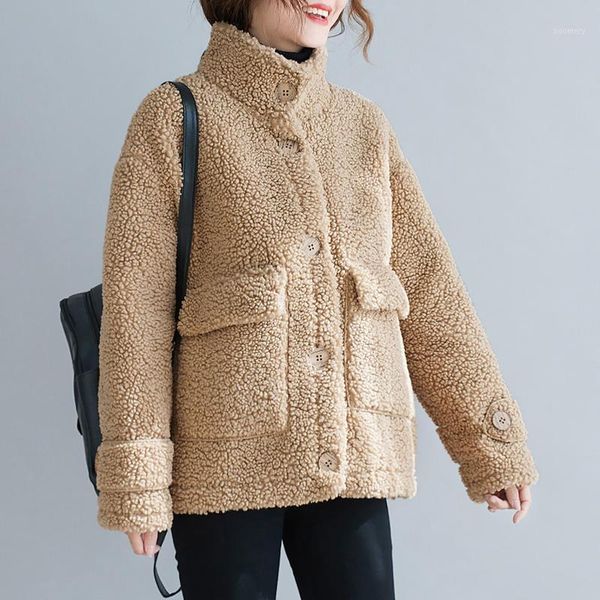 

winter women faux fur coat stand collar front button pockets fuzzy warm jacket casual loose autumn outwear1, Black