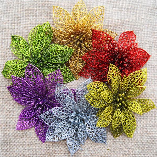 

christmas decorations 10pcs/set 10cm glitter hollow flower decoration kids gift diy xmas tree ornament party wedding decorations1